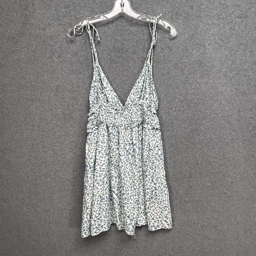 Zara Ditsy Floral Babydoll Dress S Blue Linen Blend Smocked Mini Cottage Picnic‎ - Picture 3 of 11